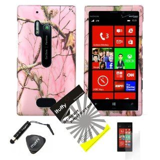 4 items Combo ITUFFY (TM) LCD Screen Protector Film + Mini Stylus Pen + Case Opener + Silver Pink Pine Tree Leaves Camouflage Outdoor Wildlife Design Rubberized Snap on Hard Shell Cover Faceplate Skin Phone Case for Verizon Nokia Lumia 928 Cell Phones &a