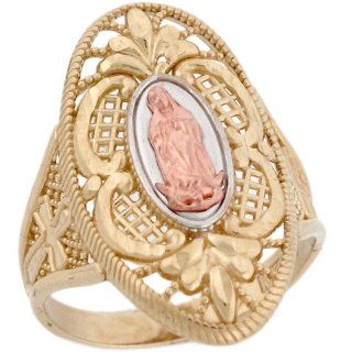 14k 3 Color Gold Virgin Mary Guadalupe Cross on The Sides Unique Ring Jewelry