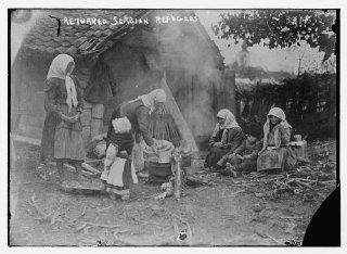 Photo Returned Serbian refugees, women, children, house, dwelling, pot of food, cooking   Prints