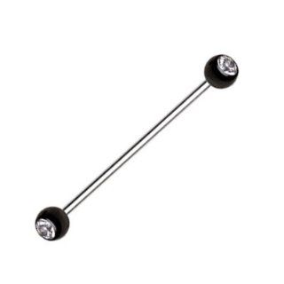 Stainless Steel Industrial Barbell Black Titanium Clear Gem Ball Ends Straight Piercing Bar 14G 1 1/2" Jewelry
