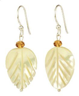 Mother of Pearl Leafs with Amber Glass Rondelle Earrings Jewelry