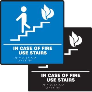 Accuform Signs PAD937BK ADA Braille Tactile Sign, Legend "IN CASE OF FIRE USE STAIRS" with Graphic, 8" Width x 8" Length x 1/8" Thickness, White on Black Industrial Warning Signs