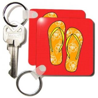 kc_77535_1 Janna Salak Designs At the Beach   Cute Flip Flops Orange Flower Print and Red   Key Chains   set of 2 Key Chains Clothing