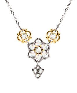 Lucia Costin Y Shaped Necklace with White Swarovski Crystals and 4 Petal Flowers, Crafted with Twisted Lines and Fancy Charms; .925 Sterling Silver with 24K Yellow Gold over .925 Sterling Silver Pendant Necklaces Jewelry