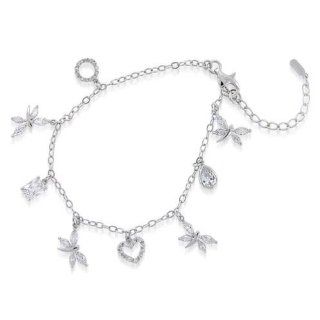 Bling Jewelry 925 Sterling Silver Dragonfly Heart Charm Ankle Bracelet 7.5 Inch Jewelry