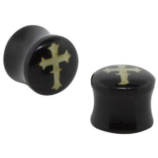 Pair 0 Gauge (8mm)   Black Acrylic Double Flared Ear Plugs with Gothic Cross Inlay Body Piercing Plugs Jewelry