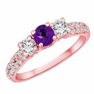 Ryan Jonathan 18K Rose Gold Round 3 Stone Diamond and Amethyst Engagement Ring With Double Row Pave Set Shank (1.10 cttw)   Size 6 Ryan Jonathan Jewelry