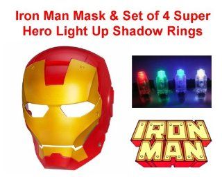 Bundle   5 Items Unique Kids Dress Up Role Play Cosplay Costume Pretend Play Universal Size Super Hero Avengers Iron Man Mask with Set of 4 Light Up Shadow Rings Toys & Games