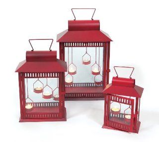 Melrose International Iron and Glass Lantern, Red, Set of 3   Decorative Candle Lanterns