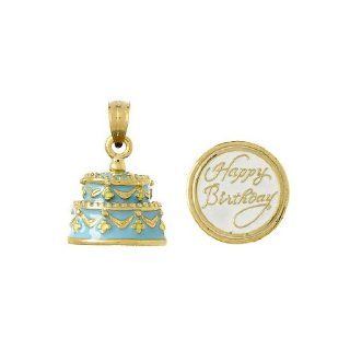 3d Gold Charm Happy Birthday Cake With Light Blue Frosting Pendants Jewelry