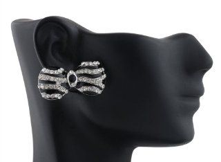2 Pairs of Silver with Black Iced Out 3D Striped Bow Tie Stud Earrings Jewelry