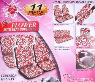 Red Hawaiian Hibiscus Flower 11 PC Seat Cover Combo Automotive