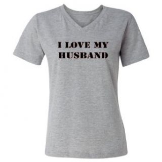 Two In Love I Love My Husband (Black Stencil Print) Women's V Neck T Shirt Clothing