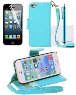 The Friendly Swede Basics   iPhone 5 5s PU Leather Stand Wallet Case Cover + Matching Stylus + Screen Protector + Cleaning Cloth (Light Blue) Cell Phones & Accessories