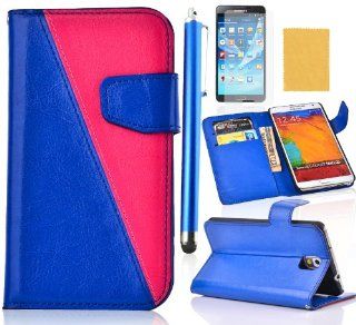 Tradekmk(TM) Ultra Slim Wallet Leather Carrying Case Cover With Credit ID Card Slots/ Money Pockets Fit For Samsung Galaxy Note3 N9000(Blue with Hot Pink), Support Stand Viewing,with Stylus Pen,Screen Protector and Cleaning Cloth Cell Phones & Accesso