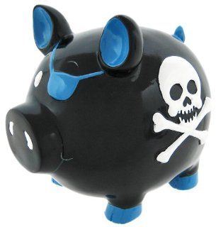 Black Pirate Pig Blue Skull & Crossbones Piggy Bank Lrg  
