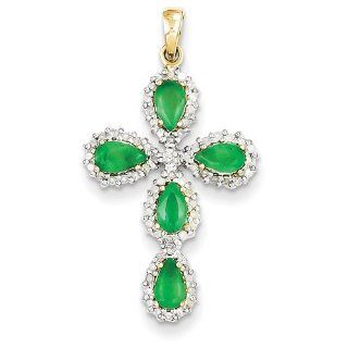 14K Yellow Gold Diamond & Emerald Cross Pendant 10mmx17mm Jewelry