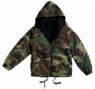 Reversible Nylon Jacket with Hood, Woodland Camo, XL Clothing