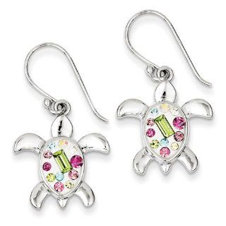 Sterling Silver Rhodium Plated Stellux Crystal Turtle Dangle Earrings, Best Quality Free Gift Box Satisfaction Guaranteed Jewelry