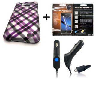 COMBO CHARGER LCD Straight Talk Samsung Galaxy S959G S2 SII II 2 PURPLE PLAID DESIGN + LCD SCREEN PROTECTOR + CAR CHARGER HARD Case Skin Cover Mobile Phone Accessory Cell Phones & Accessories