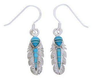 Silver Turquoise Inlay Feather Hook Earrings GS73455 Dangle Earrings Jewelry