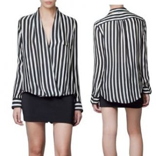 Chuangmei Womens Fashion V Neck Chiffon T Shirts OL Style Long Sleeve Striped Top Blouses Black&White US 8 12(Asian Petite Size)
