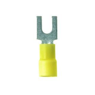 Panduit PV10 8FX L Fork Terminal, Vinyl Insulated, Expanded Insulation, 12   10 AWG Wire Range, #8 Stud Size, Yellow, 0.04" Stock Thickness, 0.250" Max Insulation, 0.37" Terminal Width, 1.11" Terminal Length, 0.24" Center Hole Diam