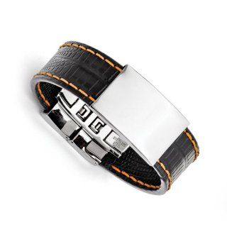 New Genuine Chisel Stainless Steel Shiny Polished Plate Black with Orange Stitching Bracelet Jewelry