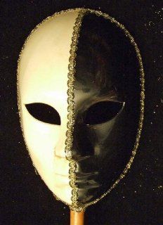 Halloween Mask Full Face Mardi Gras Round Black & White Venetian Masquerade Stick Costume Prom 
