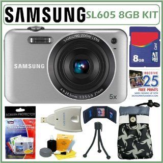 Samsung SL605 12.2MP with 27mm Wide Angle Lens in Silver + 8GB Deluxe Accessory Kit  Point And Shoot Digital Camera Bundles  Camera & Photo