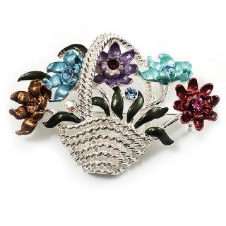 Fancy Enamel Multicoloured Flower Basket Brooch (Silver Tone) Jewelry