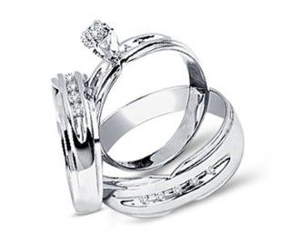 Diamond Engagement Rings Set Wedding Bands White Gold Men Ladies .18ct Jewelry