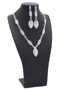 Silver 18 Inch Aquamarine Blue Teardrop Crystal Rhinestone Necklace Set Jewelry