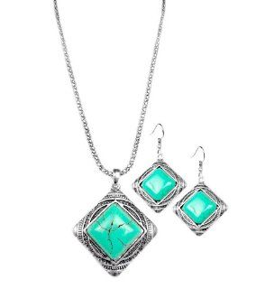 Miao Silver Turquoise Necklace & Earring Set   Diamond Square Stone Jewelry