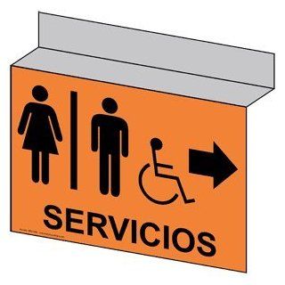 ADA Restrooms With Symbol Right Spanish Sign RRS 7020Ceiling BLKonORNG  Business And Store Signs 
