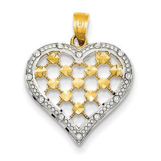 14K Yellow & Rhodium Diamond cut Heart Charm Pendant 25mmx20mm Jewelry