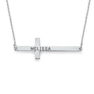Engraved Horizontal Cross Necklace in Silver Jewelry