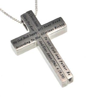 Christian Womens Stainless Steel Abstinence "My God Shall Supply All Your Needs According to His Glorious Riches in Christ Jesus. To Our God and Father Be Glory Forever and Ever. Amen. Philippians 419,20" 2 Piece Iron Cross Chastity Necklace on 