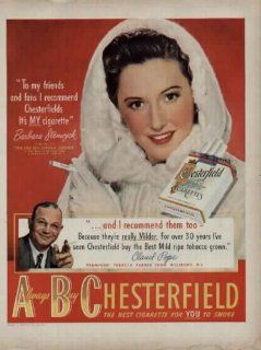 BARBARA STANWYCK 1949 Chesterfield Cigarettes Ad, A3144. See BARBARA STANWYCK starring in "THE FILE ON THELMA JORDAN." Also featuring Prominent Tobacco Farmer Claud Pope of Hillsboro, North Carolina. **THIS IS AN AD / POSTER, NOT A DVD**  Prin