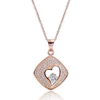 PRJewelry 18k Rose Gold Plated Micro Pave Setting Cubic Zirconia Heart Pendant Necklace 16"+ 2" Extender Jewelry