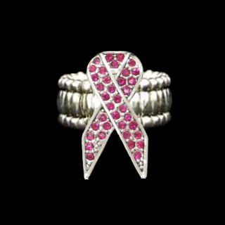 Pink Ribbon Pink Rhinestone Sparkling 1 inch long Pendant on Silver Metal Stretch Ring  Celebrate Breast Cancer Research, Survivors, Loved Ones who have Endured Breast Cancer, & Susan B Koman "Race for the Cure" They SparkleBeautiful Gift 