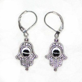 Silvertone Hampsa Hand of Fatima is said to provide healing and protection from the Evil Eye. These dangle on Silver Plated Leverback Earrings also feature Black Cats Eye beads. Jewelry