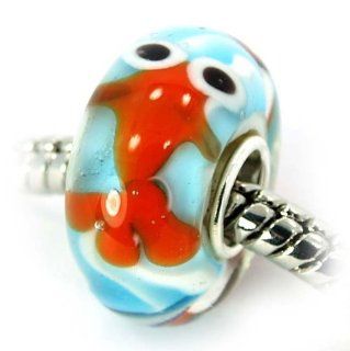.925 Sterling Silver Glass "GoldFish Swimming in White/Blue Core" Charm Bead for Snake Chain Charm Bracelets Jewelry