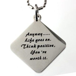 R.H. Jewelry Stainless Steel Pendant, Inspirational Quotes Diamond Tag "Anyway, Life Goes On." Inspriational Jewelry