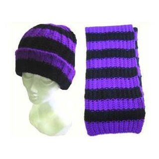 New Black Purple Striped Scarf Beanie Hat Set Goth Emo Punk Perfect addition to your Gothic, Punk, or Rockabilly wardrobe Scarf measures approximately 72 inches by 8 inches Hat is One size fits most.Hat measures about 9 1/4 inches tall by 7 7/8 inches wide