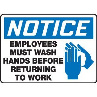 Accuform Signs MRST811VS Adhesive Vinyl Safety Sign, Legend "NOTICE EMPLOYEES MUST WASH HANDS BEFORE RETURNING TO WORK" with Graphic, 7" Length x 10" Width x 0.004" Thickness, Blue/Black on White