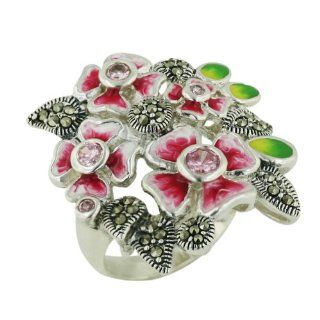 .925 Sterling Silver Pink Flower Ring with Marcasite Pave leaf aside size 6 Silver Empire Jewelry Jewelry