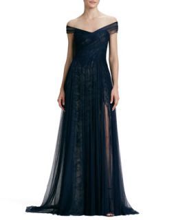 Monique Lhuillier Asymmetric Draped Tulle/Lace Gown