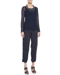 Eileen Fisher 3/4 Sleeve Linen Blend Knit Top, Mandarin Collar Shirt & Linen Knee Length Skirt