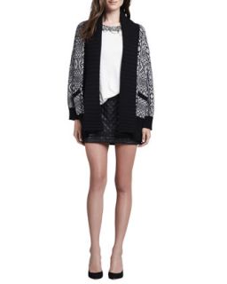 Haute Hippie Engineered Fair Isle Long Cardigan, Embellished Neck T Shirt & Quilted Leather Zip Miniskirt